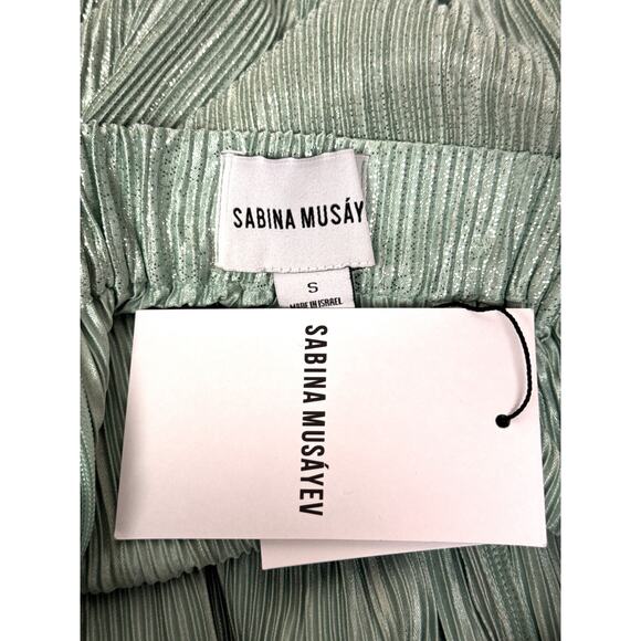 Sabina Musayev Pants Small Womens Mint Green Metallic Plisse Pleat Wide Leg - Picture 6 of 8